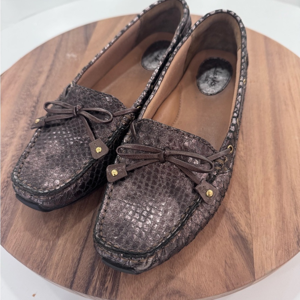 Clark's Artisan Dunbar Cruiser metallic bronze snakeskin leather loafers